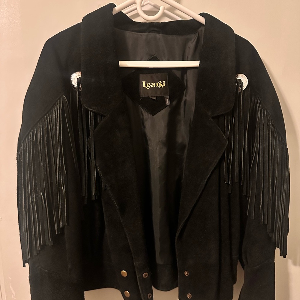 Learsi Suede Leather Jacket Black Cropped Snap Western Fringe VTG 80s